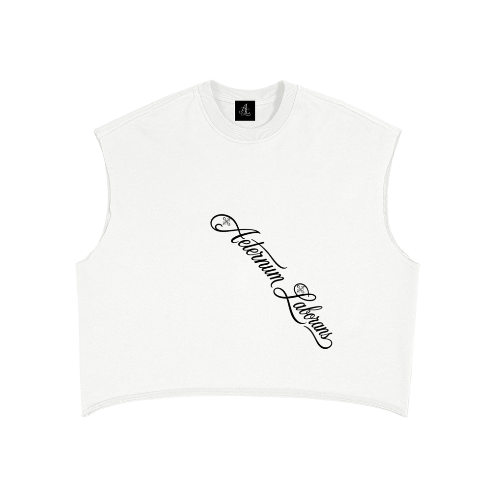 A white sleeveless crop top with a black cursive 'Aeternum Labens' graphic printed on the chest, displayed flat against a solid white background.