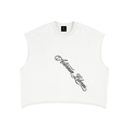A white sleeveless crop top with a black cursive 'Aeternum Labens' graphic printed on the chest, displayed flat against a solid white background.
