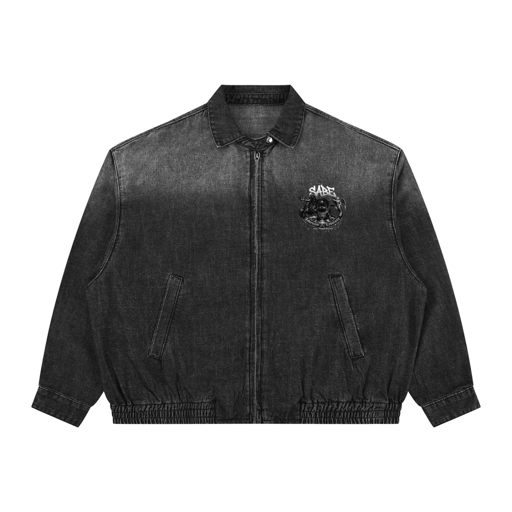 Black denim jacket with a patch on a white background