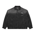 Black denim jacket with a patch on a white background