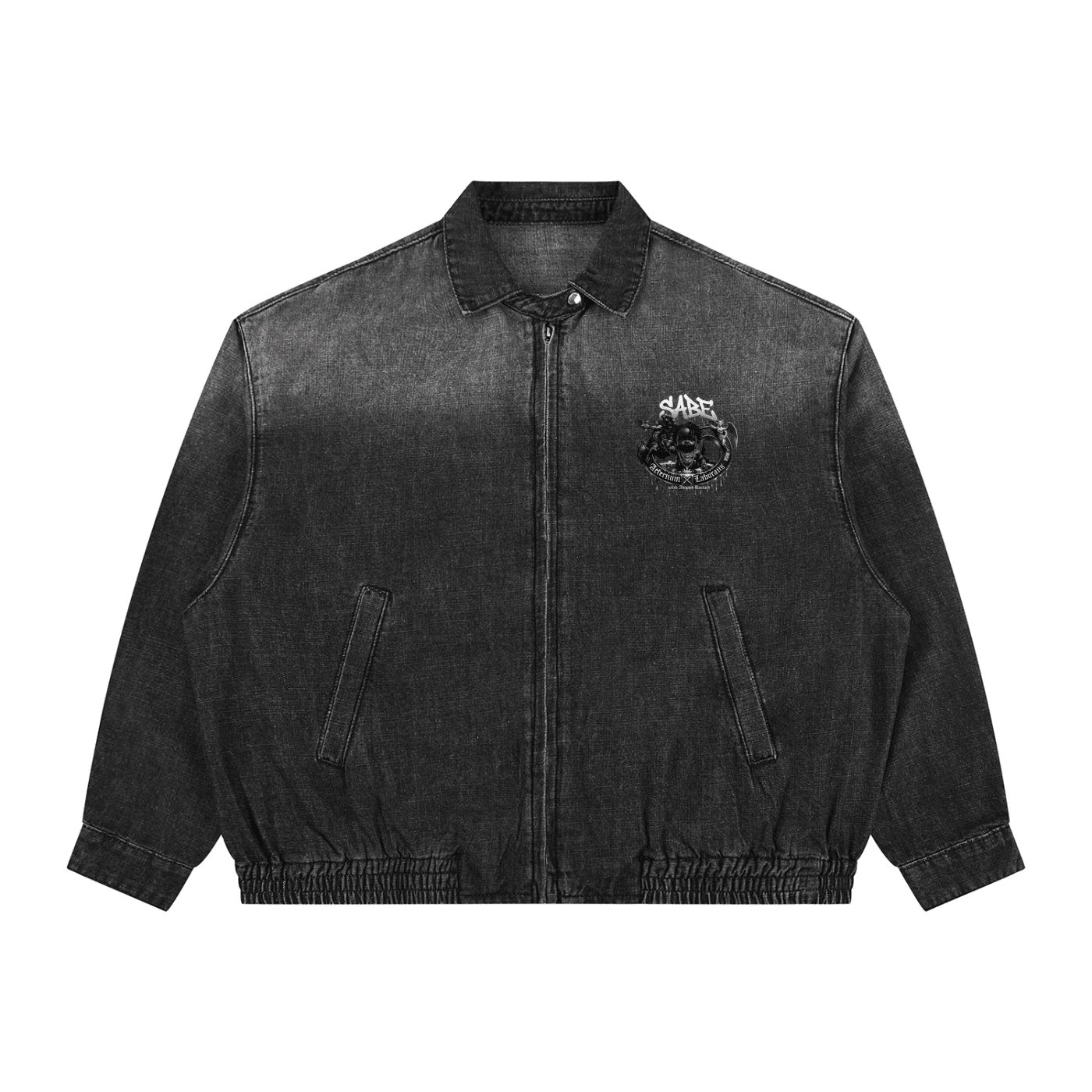 Black denim jacket with a patch on a white background