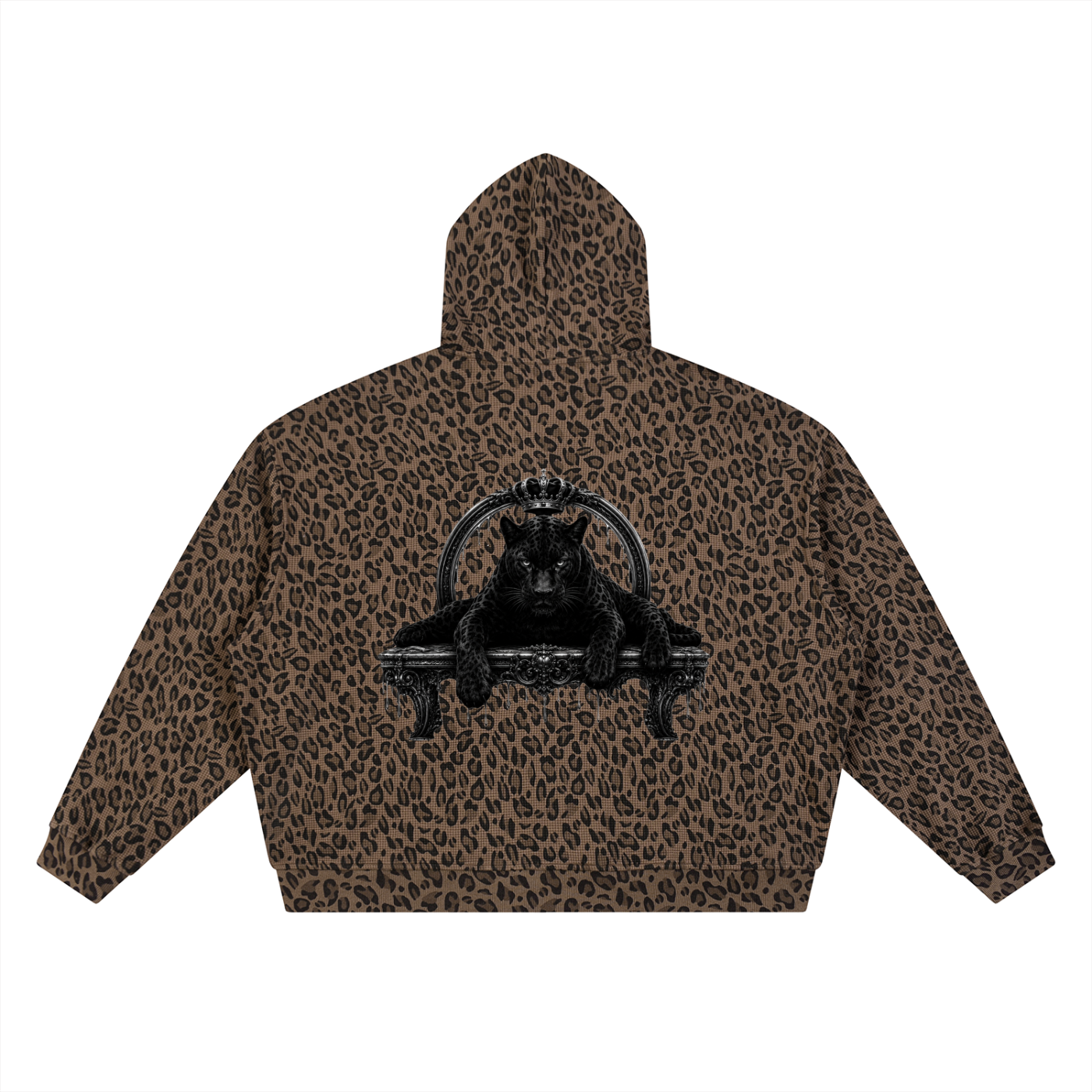 Leopard print hoodie with a black graphic design on a white background
