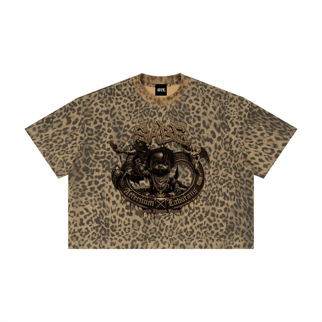 Leopard print t-shirt with graphic design on a white background