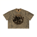 Leopard print t-shirt with graphic design on a white background