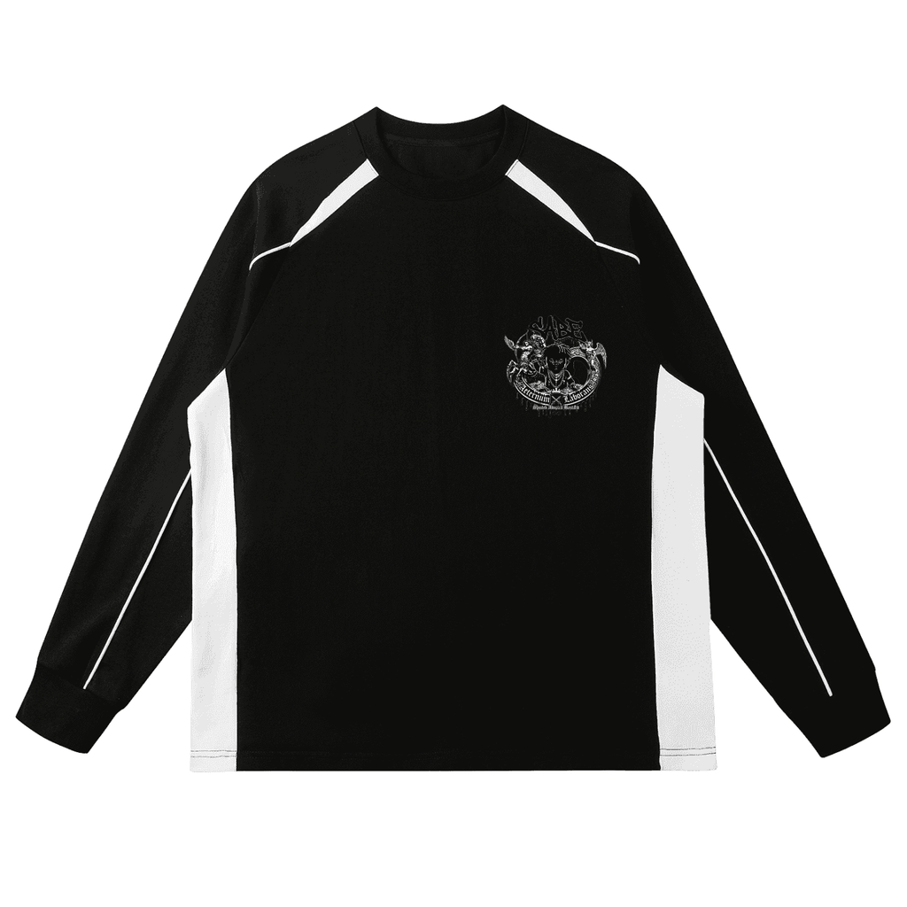 Black long-sleeve shirt with white accents on a white background