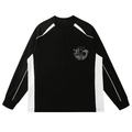 Black long-sleeve shirt with white accents on a white background