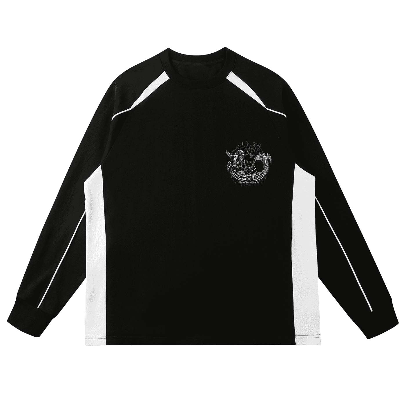 Black long-sleeve shirt with white accents on a white background