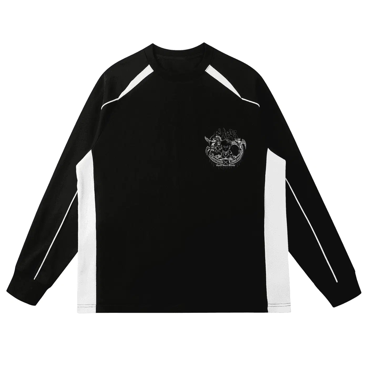 Black long-sleeve shirt with white accents on a white background