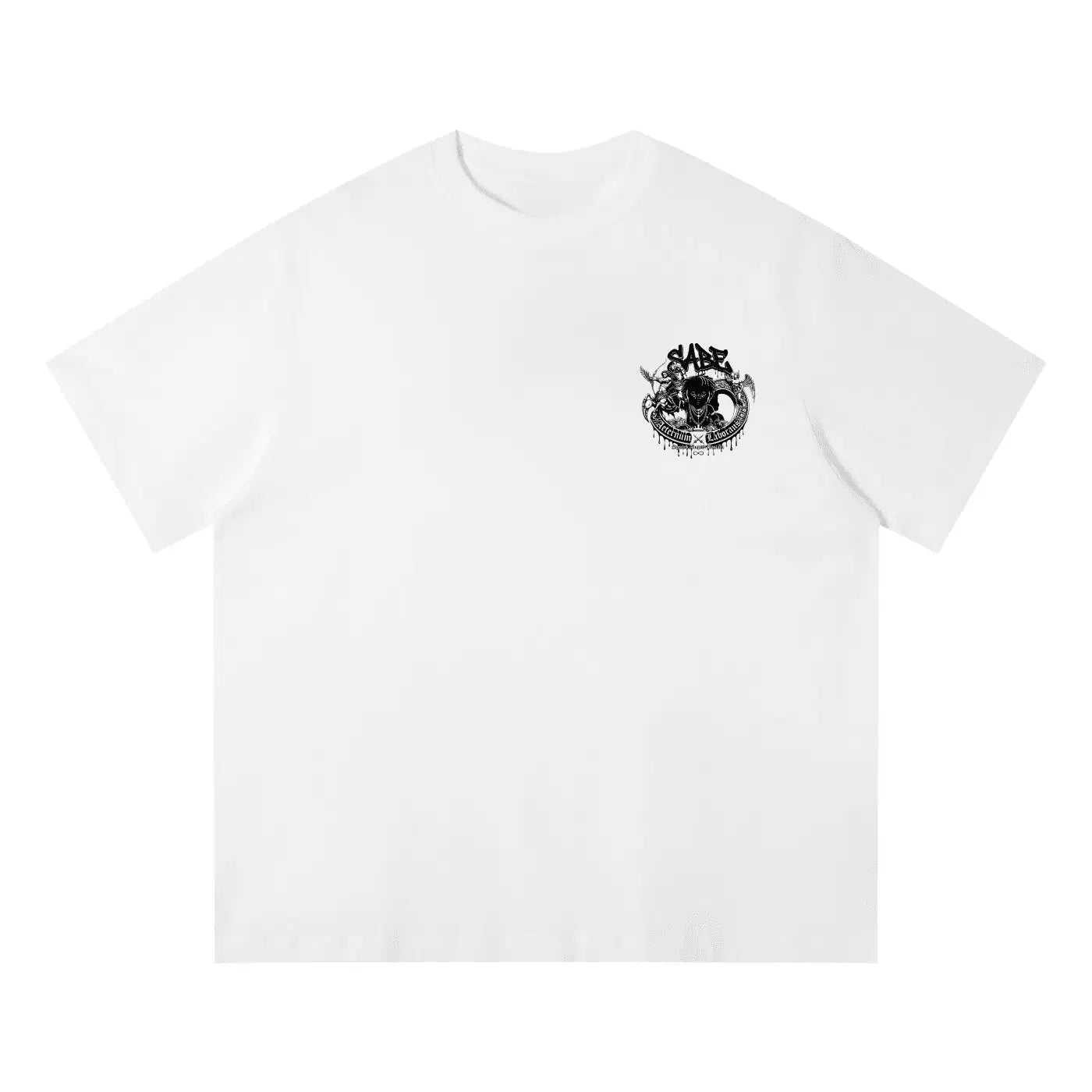 White t-shirt with a black graphic design on a white background