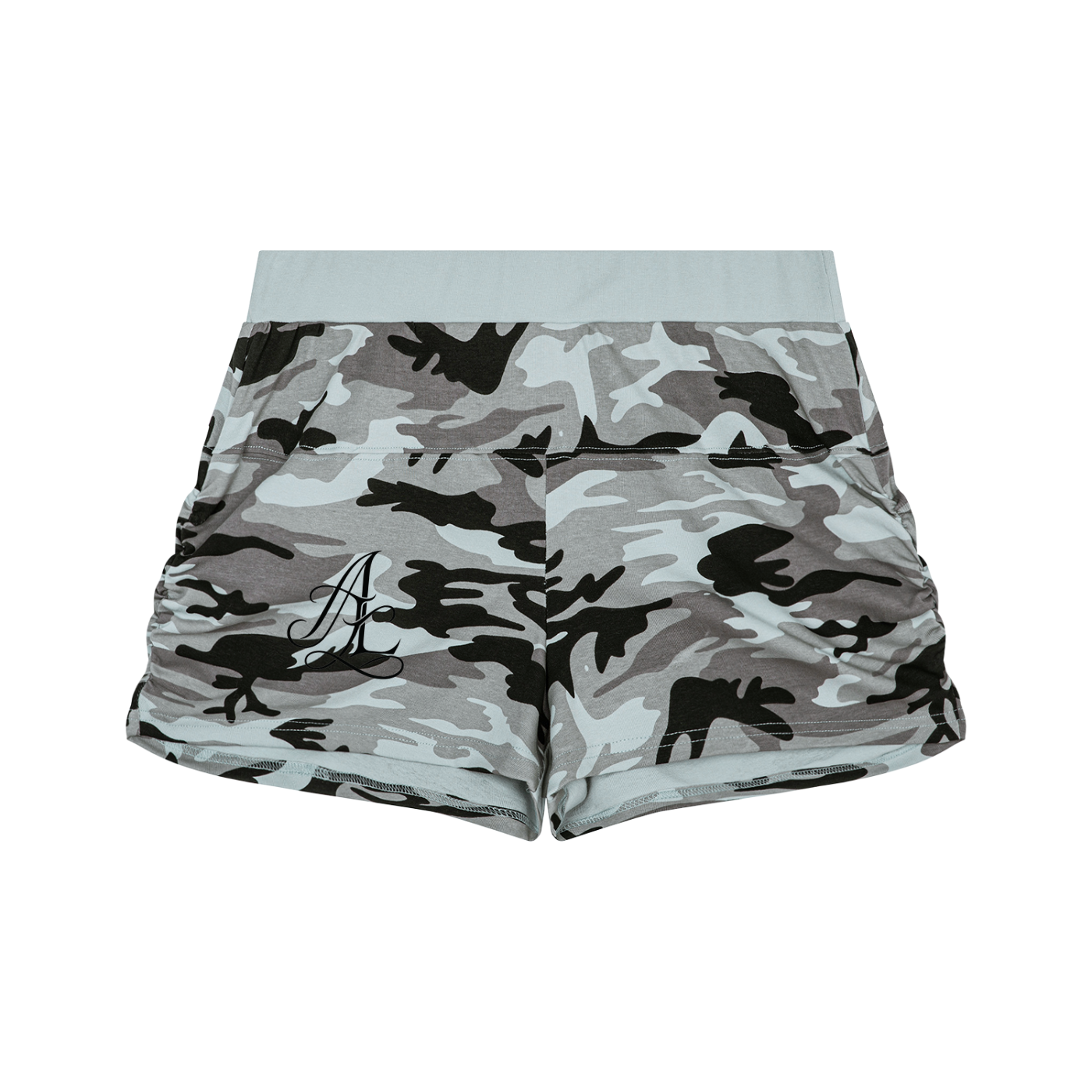 Gray camouflage athletic shorts with a light gray waistband and a white cross logo on the left leg, shown against a plain white background.