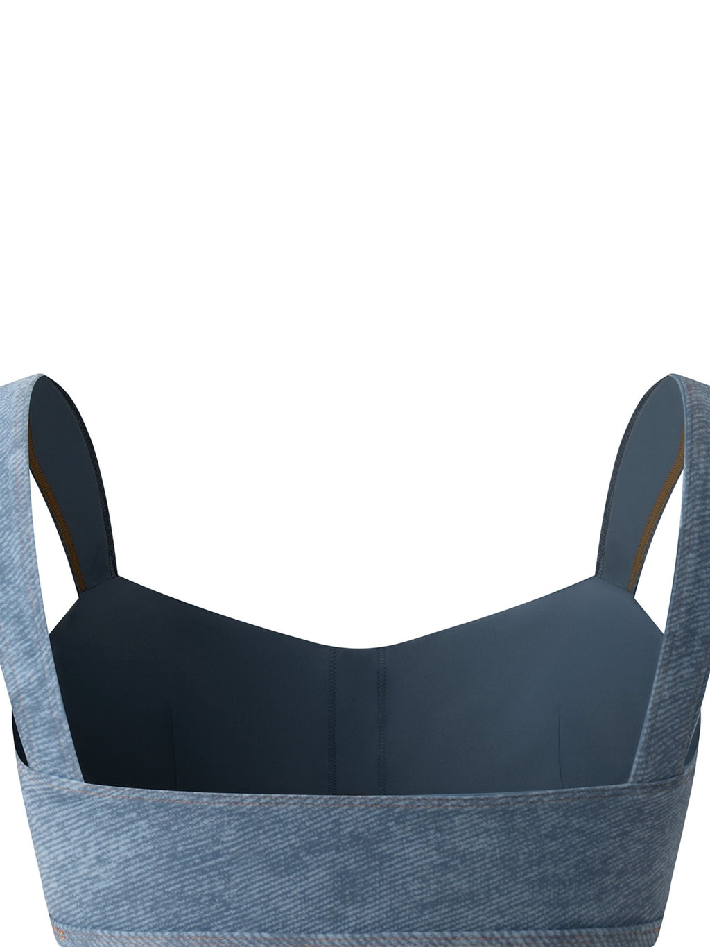 Blue sports bra with gray straps on a white background